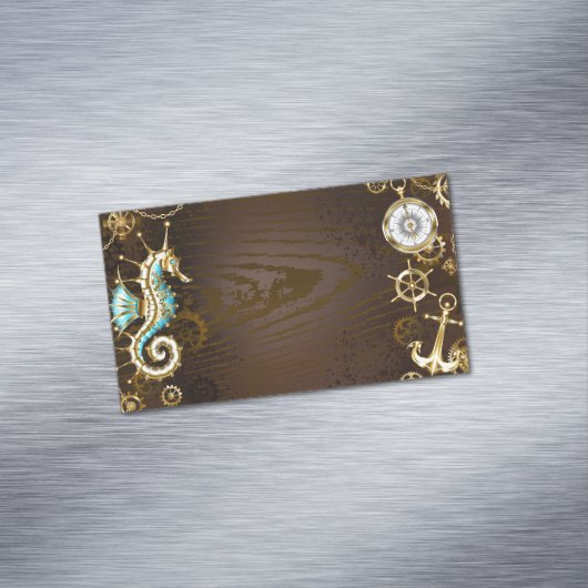 木製背景と機械式水上馬 マグネット名刺 (インサイチュ)