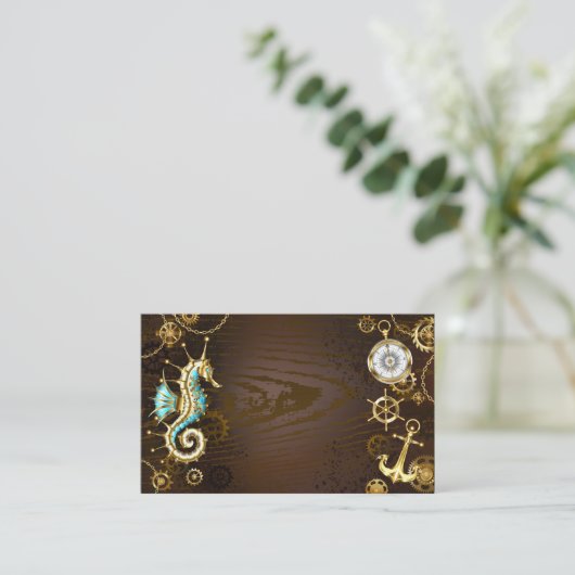 木製背景と機械式水上馬 名刺 (スタンド正面)