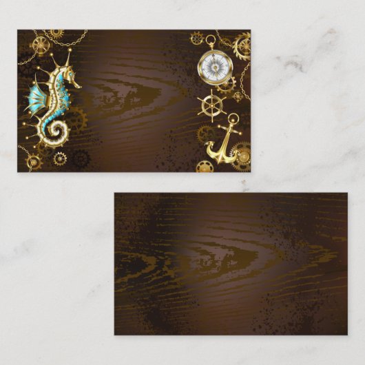 木製背景と機械式水上馬 名刺 (正面/裏面)