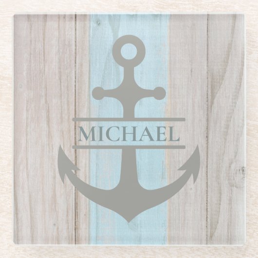 木製航海のボートビーチいかり名 ガラスコースター (正面)