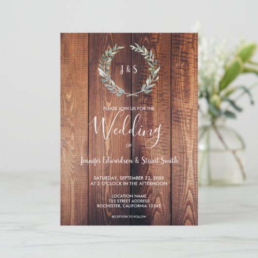 木製葉モノグラム写真の水色結婚 招待状 (スタンド正面)