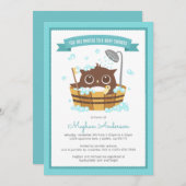 木製風呂桶のフクロウの男の子ベビーシャワー招待状 招待状 (正面/裏面)
