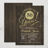 木製50周年結婚記念日のゴールド 招待状 (正面/裏面)