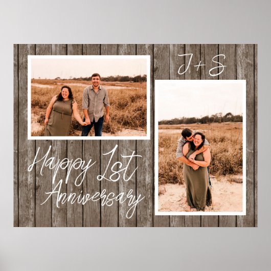 木製 1周年 結婚記念日 カップル フォト コラージュ ポスター (正面)