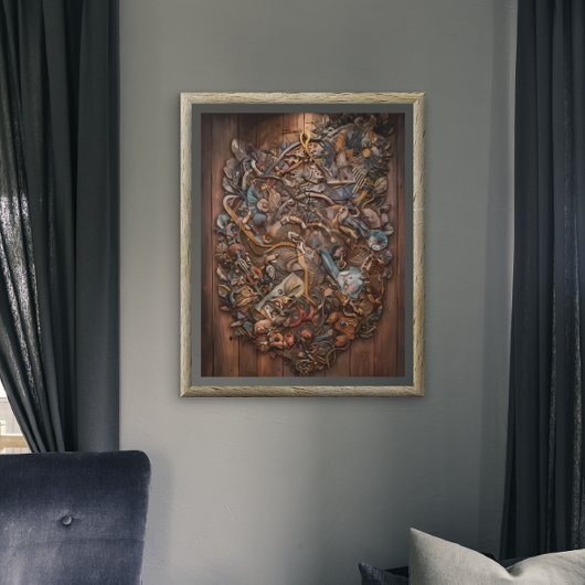 木造の壁に魔法をかけた森林壁画 ポスター