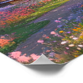 木造の家とカラフル開花アットサンセット ポスター (角)