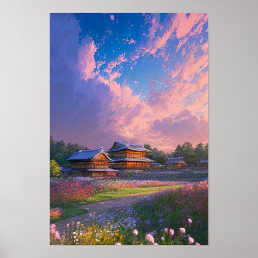 木造の家とカラフル開花アットサンセット ポスター (正面)