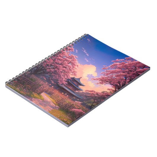 木造の寺院がさくらんぼの花 ノートブック (左側)