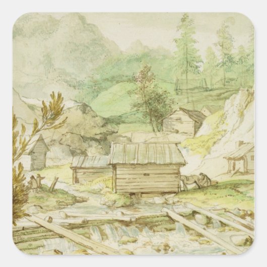 木造の小屋と堰のある北欧の風景 スクエアシール (正面)