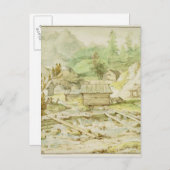 木造の小屋と堰のある北欧の風景 ポストカード (正面/裏面)