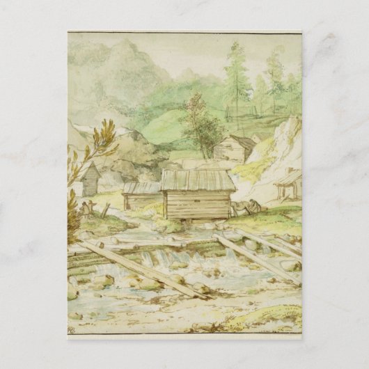木造の小屋と堰のある北欧の風景 ポストカード (正面)