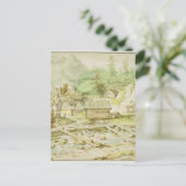 木造の小屋と堰のある北欧の風景 ポストカード (スタンド正面)