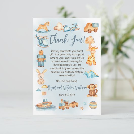 木造の少年だ |おもちゃ詰まった赤ちゃんシャワー サンキューカード (スタンド正面)