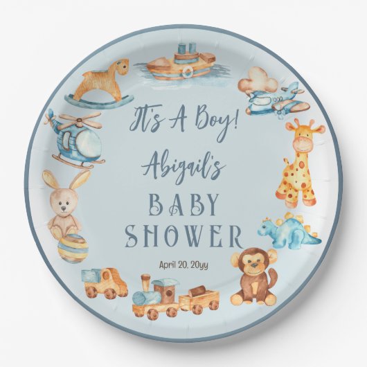 木造の少年だ |おもちゃ詰まった赤ちゃんシャワー ペーパープレート (正面)