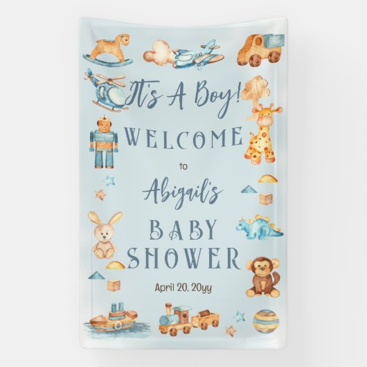 木造の少年だ |おもちゃ詰まった赤ちゃんシャワー 横断幕 (縦)