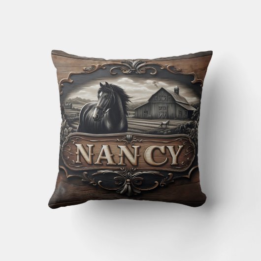 木造の看板に名前を付けた馬と納屋の彫刻 クッション (裏面)