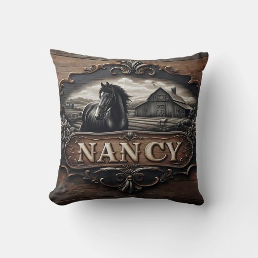 木造の看板に名前を付けた馬と納屋の彫刻 クッション (正面)