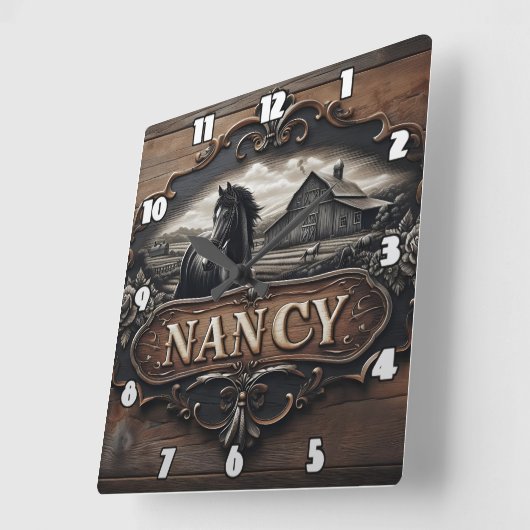 木造の看板に名前を付けた馬と納屋の彫刻 スクエア壁時計 (傾斜)