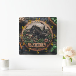 木造の馬の家の近素朴く スクエア壁時計