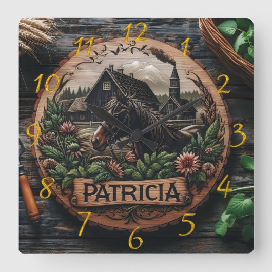 木造の馬の家の近素朴く スクエア壁時計 (正面)