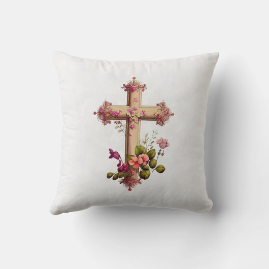 木造エレガント十字とピンクの花が灰色 クッション (裏面)