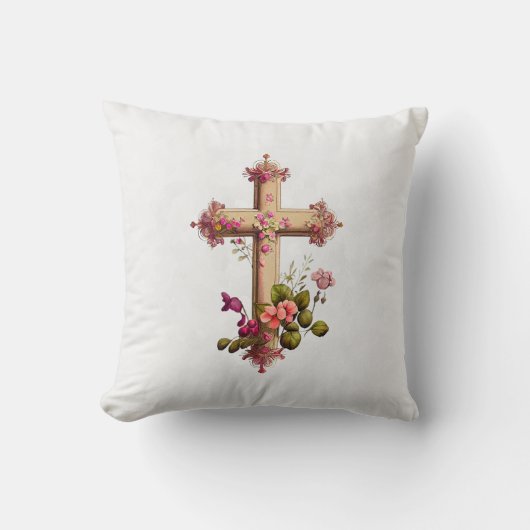 木造エレガント十字とピンクの花が灰色 クッション (正面)