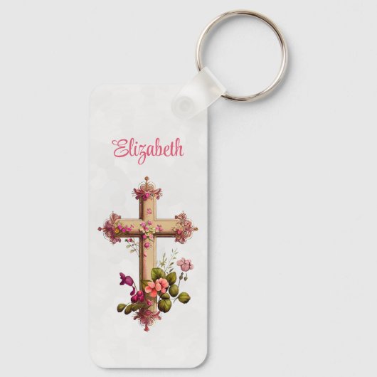 木造エレガント十字架とピンクの花 キーホルダー (裏面)