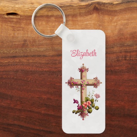 木造エレガント十字架とピンクの花 キーホルダー (正面)