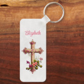 木造エレガント十字架とピンクの花 キーホルダー (裏面)
