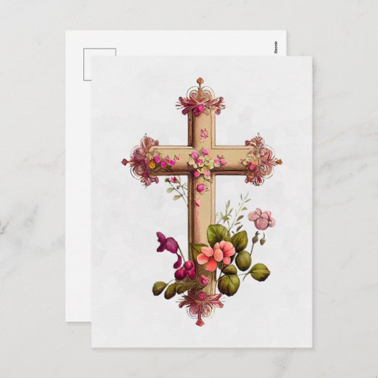 木造エレガント十字架とピンクの花 シーズンポストカード (正面/裏面)