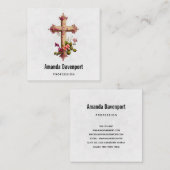 木造エレガント十字架とピンクの花 スクエア名刺 (正面/裏面)