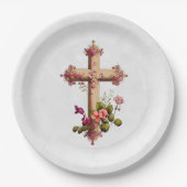 木造エレガント十字架とピンクの花 ペーパープレート (正面)