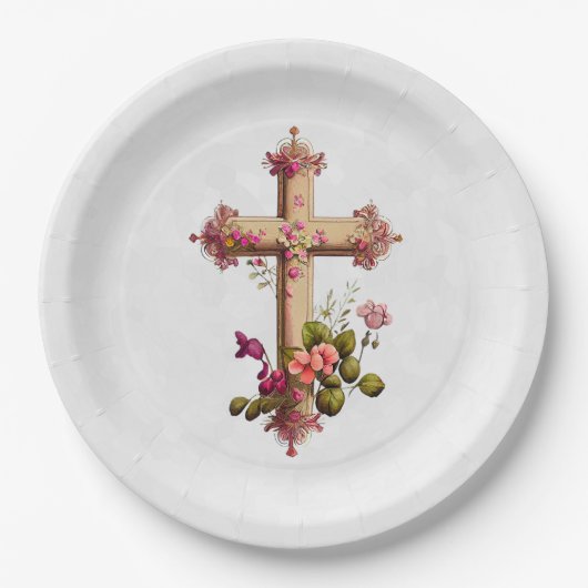 木造エレガント十字架とピンクの花 ペーパープレート (正面)
