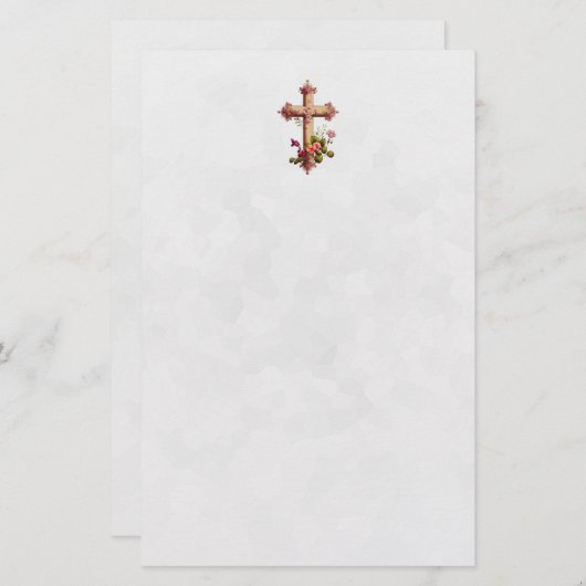 木造エレガント十字架とピンクの花 便箋 (正面/裏面)