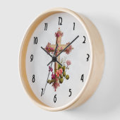 木造エレガント十字架とピンクの花 壁時計 (傾斜)