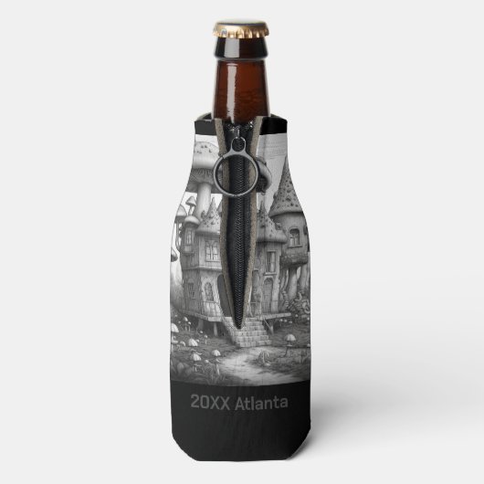 木造ハウス屋根のキノコ黒と白のAIda ボトルクーラー (ボトル裏面)