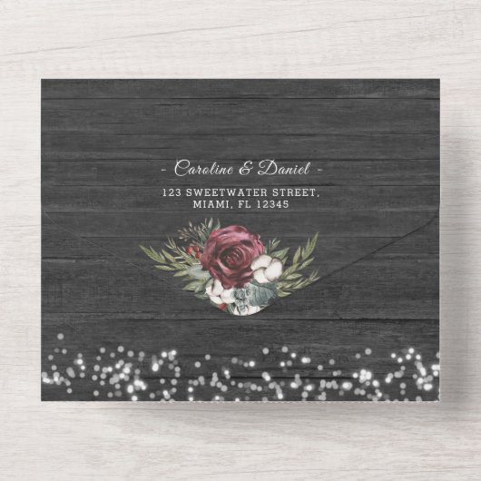 木造バーガンディのエレガントな結婚式を一つに オールインワン招待状 (裏面)