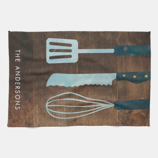 木造パーソナライズされた台所用品の苗字 キッチンタオル (横)