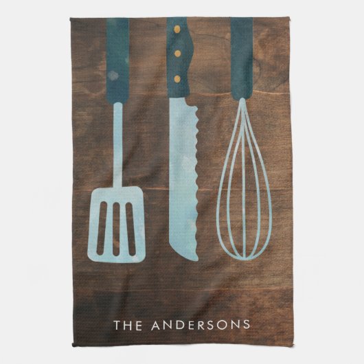 木造パーソナライズされた台所用品の苗字 キッチンタオル (縦)