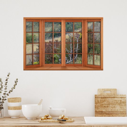 木造フェイク湾窓イリュージョン – 草の茂った風景 ポスター (キッチン)