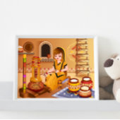 木造マダーニを使ってバターを作る村人女性 ポスター