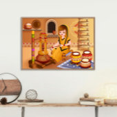 木造マダーニを使ってバターを作る村人女性 ポスター