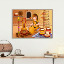 木造マダーニを使ってバターを作る村人女性