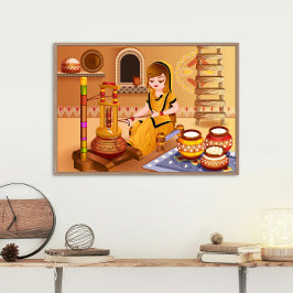 木造マダーニを使ってバターを作る村人女性 ポスター