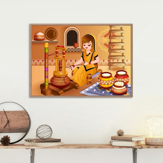 木造マダーニを使ってバターを作る村人女性 ポスター