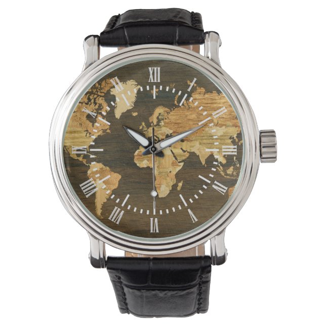 木造世界地図 腕時計 (正面)