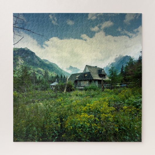 木造住宅、山の自然の風景。 ジグソーパズル (縦)