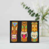 木造地木像3体おもしろい黒 ポストカード (スタンド正面)