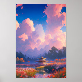 木造寺院とカラフル開花 ポスター