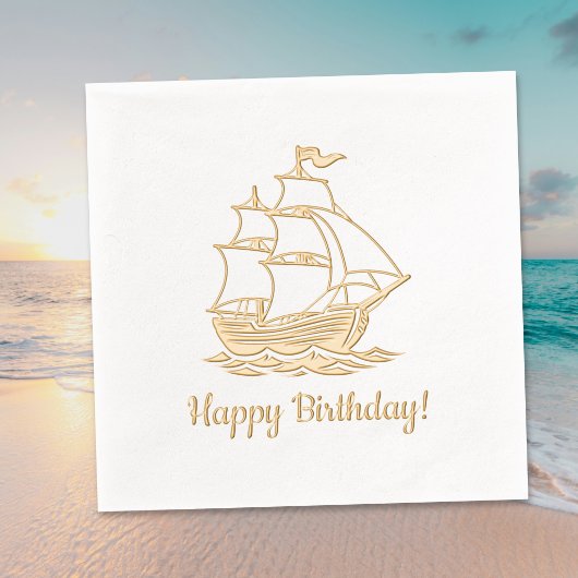 木造帆船ガレオンの海の誕生日 箔ナプキン